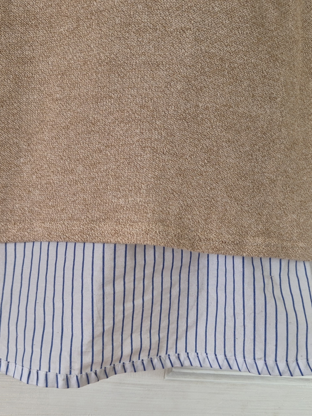 Korean Mixed Media Hooded Tunic Dress Beige Knit Blue Stripe Layered FIts M/S - Picture 10 of 11